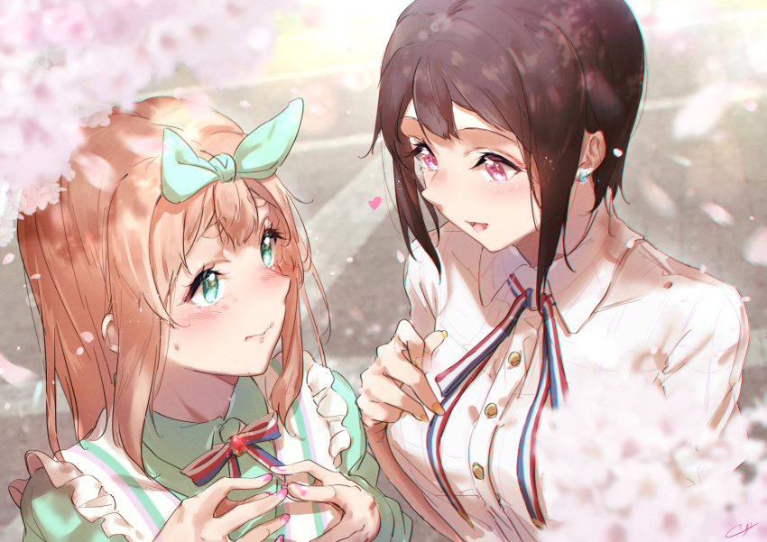 2girls bangs blonde_hair blurry blurry_foreground blush brown_hair cherry_blossoms closed_mouth collared_shirt dress_shirt embarrassed flower frills green_eyes green_ribbon green_shirt hair_ribbon hibike!_euphonium highres kuziaaizuk looking_at_another medium_hair multiple_girls nakaseko_kaori neck_ribbon open_mouth outdoors petals pink_eyes pink_flower ribbon shirt short_hair smile standing white_shirt yoshikawa_yuuko