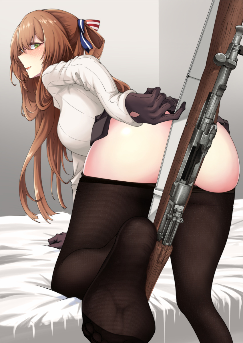 1girl ass bangs battle_rifle bed black_gloves black_legwear black_skirt blush breasts clothes_lift clothes_pull eyebrows_visible_through_hair feet_out_of_frame girls'_frontline gloves green_eyes gun hair_ribbon highres leaning_forward long_hair looking_back m1903_springfield medium_breasts nakiusagi no_panties official_alternate_costume open_mouth orange_hair pantyhose pantyhose_pull ribbon rifle room sideboob simple_background skirt skirt_lift smile soles solo springfield_(girls'_frontline) springfield_(o_holy_night)_(girls'_frontline) standing sweater weapon white_sweater