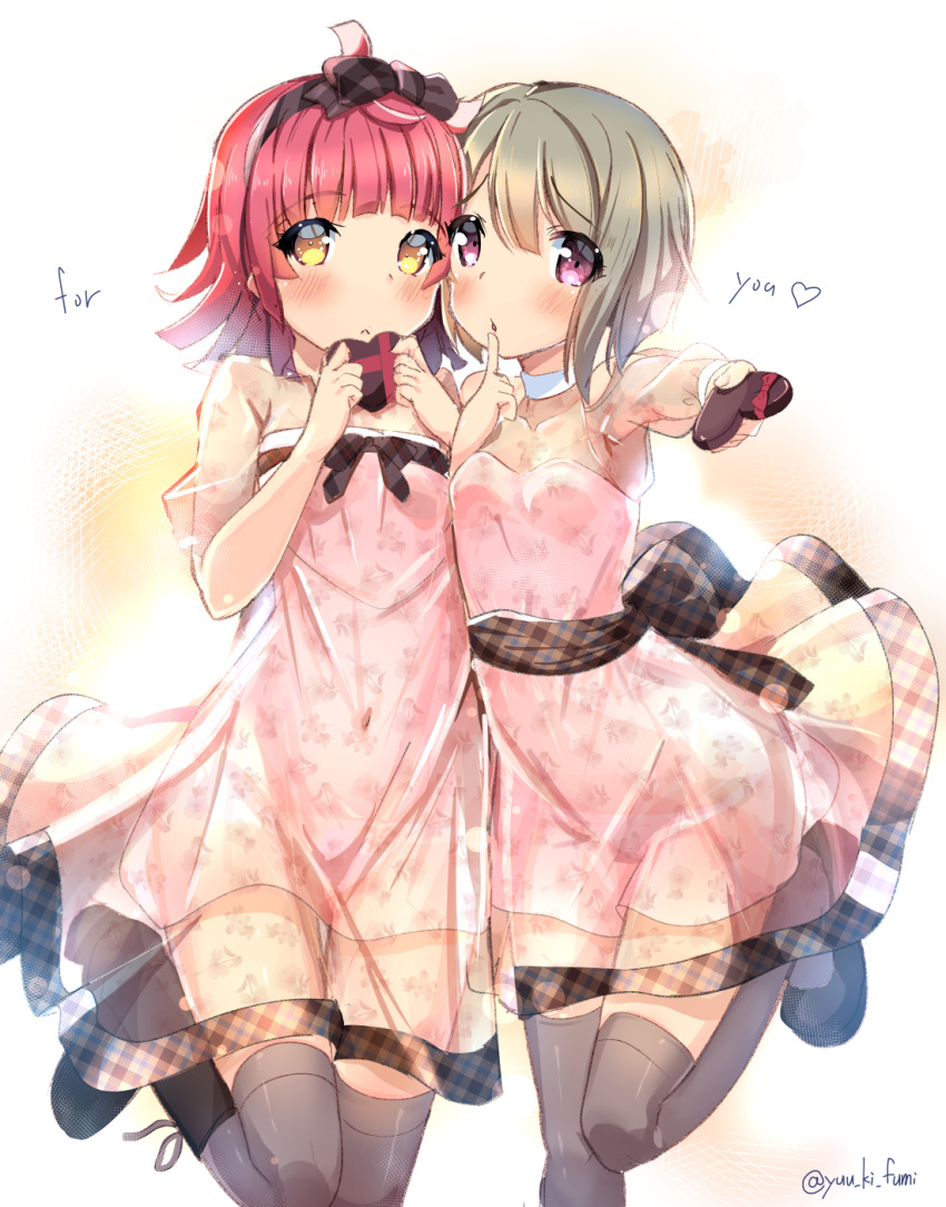 2girls :&lt; ahoge back_bow bangs black_footwear black_legwear blush boots bow breasts brown_ribbon candy checkered chestnut_mouth chocolate choker commentary_request dress english_text eyebrows_visible_through_hair finger_to_mouth food hair_bow hairband hands_up heart heart-shaped_chocolate highres holding holding_chocolate holding_food index_finger_raised leg_up light_brown_hair looking_at_viewer love_live! love_live!_nijigasaki_high_school_idol_club multiple_girls nakasu_kasumi navel panties pink_dress pink_eyes pink_hair pink_panties ribbon see-through see-through_dress see-through_sleeves shoes short_hair simple_background small_breasts tennouji_rina thighhighs thighs underwear valentine yellow_eyes yuuki_fumi_(kueg7288)