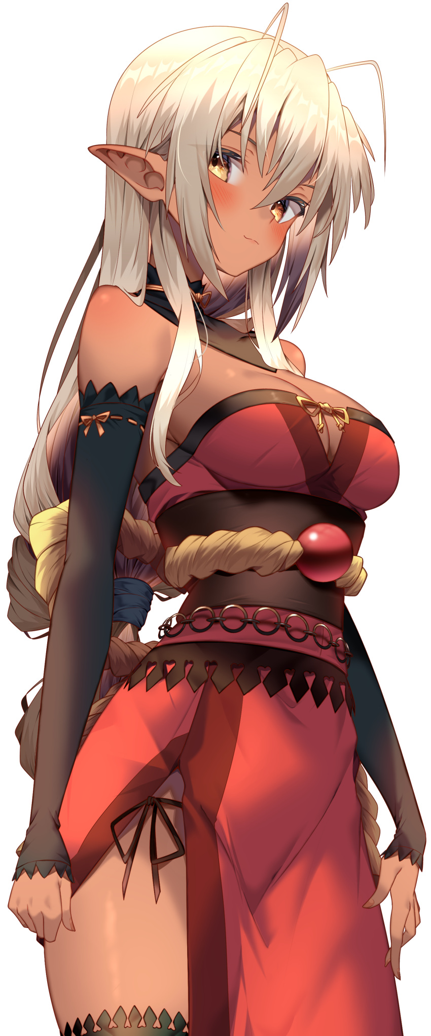 1girl absurdres antenna_hair bare_shoulders blonde_hair blush breasts cleavage closed_mouth commentary_request dark-skinned_female dark_elf dark_skin detached_sleeves elf hair_between_eyes highres jun_(aousa0328) large_breasts long_hair looking_at_viewer obi pointy_ears rope sansei_muramasa sash shimenawa simple_background solo soukou_akki_muramasa thighs white_background yellow_eyes