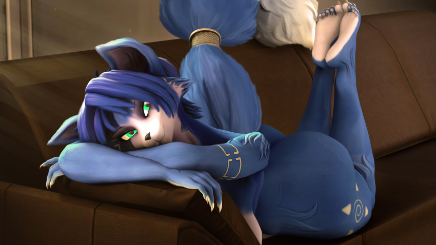 2022 3d_(artwork) absurd_res accessory anthro big_breasts big_butt blue_body blue_ears blue_fur blue_hair blue_tail breasts butt canid canine claws crossed_arms digital_media_(artwork) female fox fur furgonomics furniture green_eyes hair hi_res krystal light light_beam looking_at_viewer lying mammal markings mommyosha multicolored_body multicolored_ears multicolored_fur multicolored_tail nintendo nude on_front sofa solo star_fox sunbeam sunlight tail_accessory tailband tattoo tribal tribal_markings tribal_tattoo video_games white_body white_fur white_inner_ear white_tail