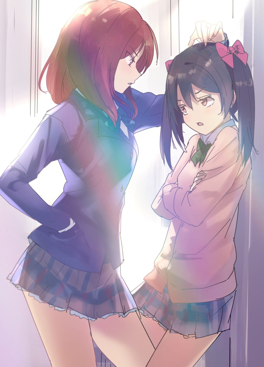 2girls annoyed blue_bow bow breasts bunbun_(midukikome) collared_shirt crossed_arms eyebrows_visible_through_hair green_bow hand_on_another's_head highres love_live! love_live!_school_idol_project medium_hair multiple_girls nishikino_maki open_mouth purple_skirt red_eyes red_hair school_uniform shirt skirt small_breasts twintails white_shirt yazawa_nico yellow_eyes