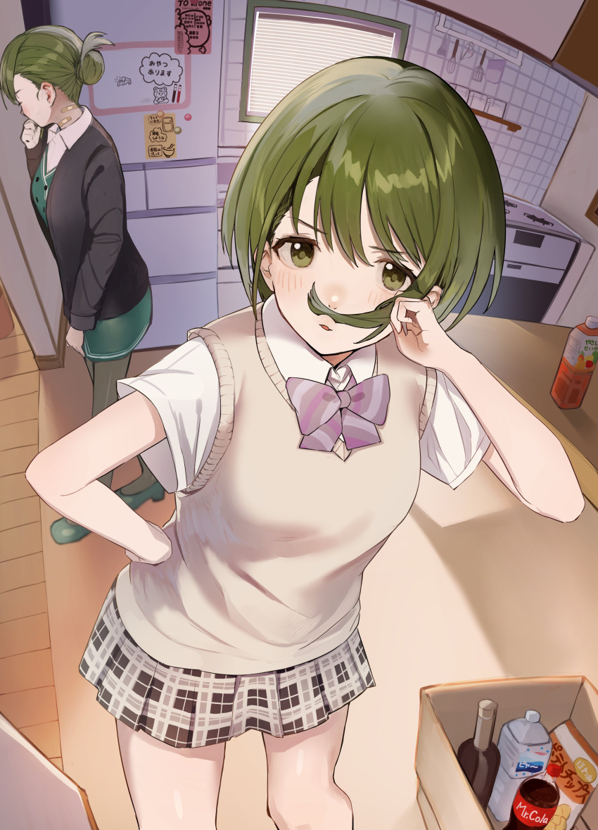 2girls :o absurdres bandaid bandaid_on_neck beige_vest black_cardigan blush bow bowtie cardigan ear_blush fake_beard fake_facial_hair feet green_eyes green_hair highres holding holding_hair idolmaster idolmaster_shiny_colors kitchen looking_at_viewer multiple_girls nanakusa_hazuki nanakusa_nichika o3o office_lady plaid plaid_skirt pleated_skirt refrigerator school_uniform short_sleeves skirt tile_wall tiles uouokuma