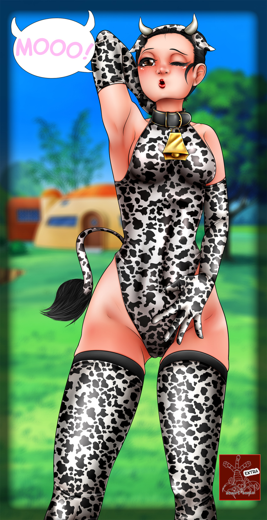 1girl ;o animal_ears animal_print bell black_hair chi-chi_(dragon_ball) chinese_zodiac cosplay cow_ears cow_girl cow_horns cow_print cowbell dragon_ball dragon_ball_(classic) elbow_gloves gloves highres horns leotard one-piece_swimsuit one_eye_closed sasori-sanin swimsuit year_of_the_ox