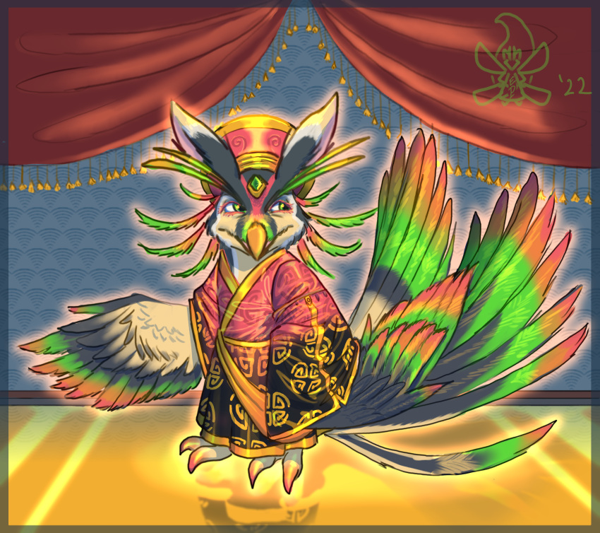 avian clothing colorful dahbastard eukaryoticprokaryote eukayoticprokaryote fantasy feathers gem gold hi_res hybrid magic male mystical robe silk solo