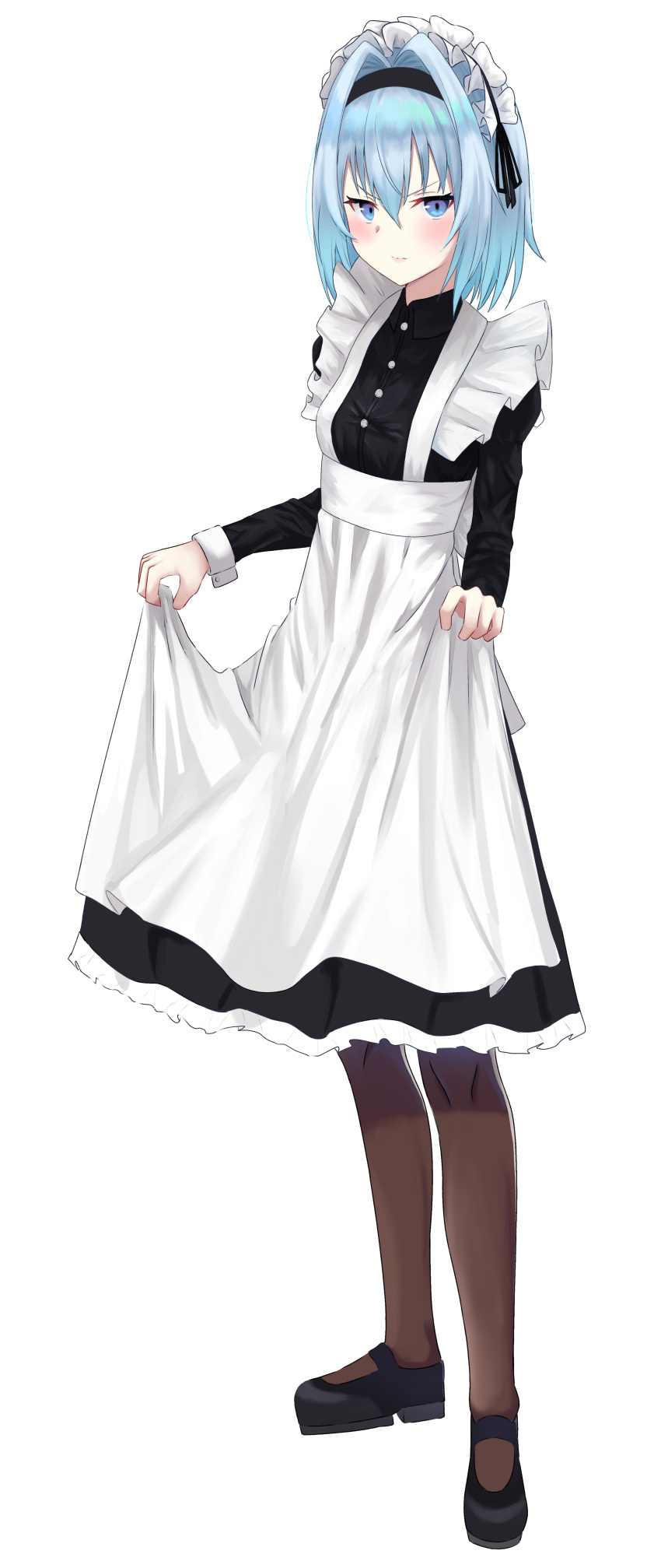 1girl abi_(user_nzav7333) absurdres alternate_costume apron bangs black_footwear black_hairband black_legwear black_ribbon black_shirt black_skirt blue_eyes blue_hair blush closed_mouth dress_shirt enmaided frilled_skirt frills full_body hair_between_eyes hair_intakes hair_ribbon hairband highres long_hair long_sleeves maid maid_headdress medium_skirt pantyhose ribbon ryuuou_no_oshigoto! shiny shiny_hair shirt simple_background skirt solo sora_ginko standing white_apron white_background