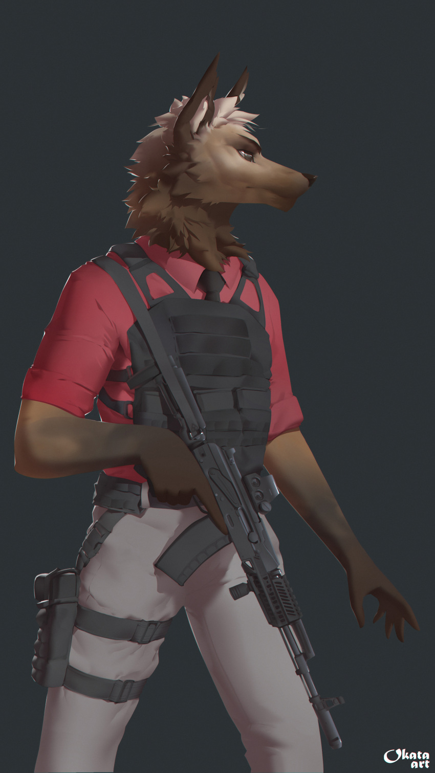 absurd_res african_wild_dog anthro assault_rifle bulletproof_vest canid canine clothed clothing gun handgun hi_res holster holstered_pistol male mammal okata ranged_weapon rifle sling solo standing weapon