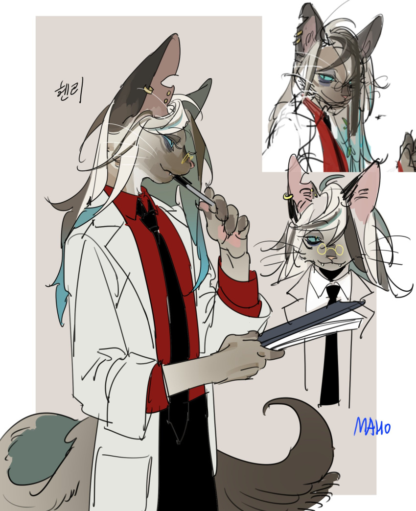 5_fingers ambiguous_gender anthro bags_under_eyes biped black_body black_ears black_fur black_hair black_necktie black_tail blue_eyes claws closed_smile clothed clothing coat dark_ears dark_necktie digital_media_(artwork) dipstick_tail domestic_cat ear_piercing ear_ring eyewear fangs felid feline felis finger_claws fingerless_(marking) fingers fluffy fluffy_tail fully_clothed fur glasses grey_tail hair hair_over_eye hi_res holding_object holding_pen humanoid_hands kemono kkron_m korean_text lab_coat light_coat light_nose light_pawpads mammal markings monotone_clothing monotone_coat monotone_ears monotone_eyes monotone_inner_ear monotone_necktie monotone_nose monotone_pawpads monotone_shirt monotone_topwear multicolored_body multicolored_fur multicolored_hair necktie notched_ear one_eye_obstructed open_clothing open_coat open_topwear pawpads pen piercing pince-nez pink_inner_ear pink_nose pink_pawpads red_clothing red_shirt red_topwear shirt siamese smile solo tail_markings text topwear two_tone_hair two_tone_tail white_body white_clothing white_coat white_fur white_hair white_topwear yellow_eyewear