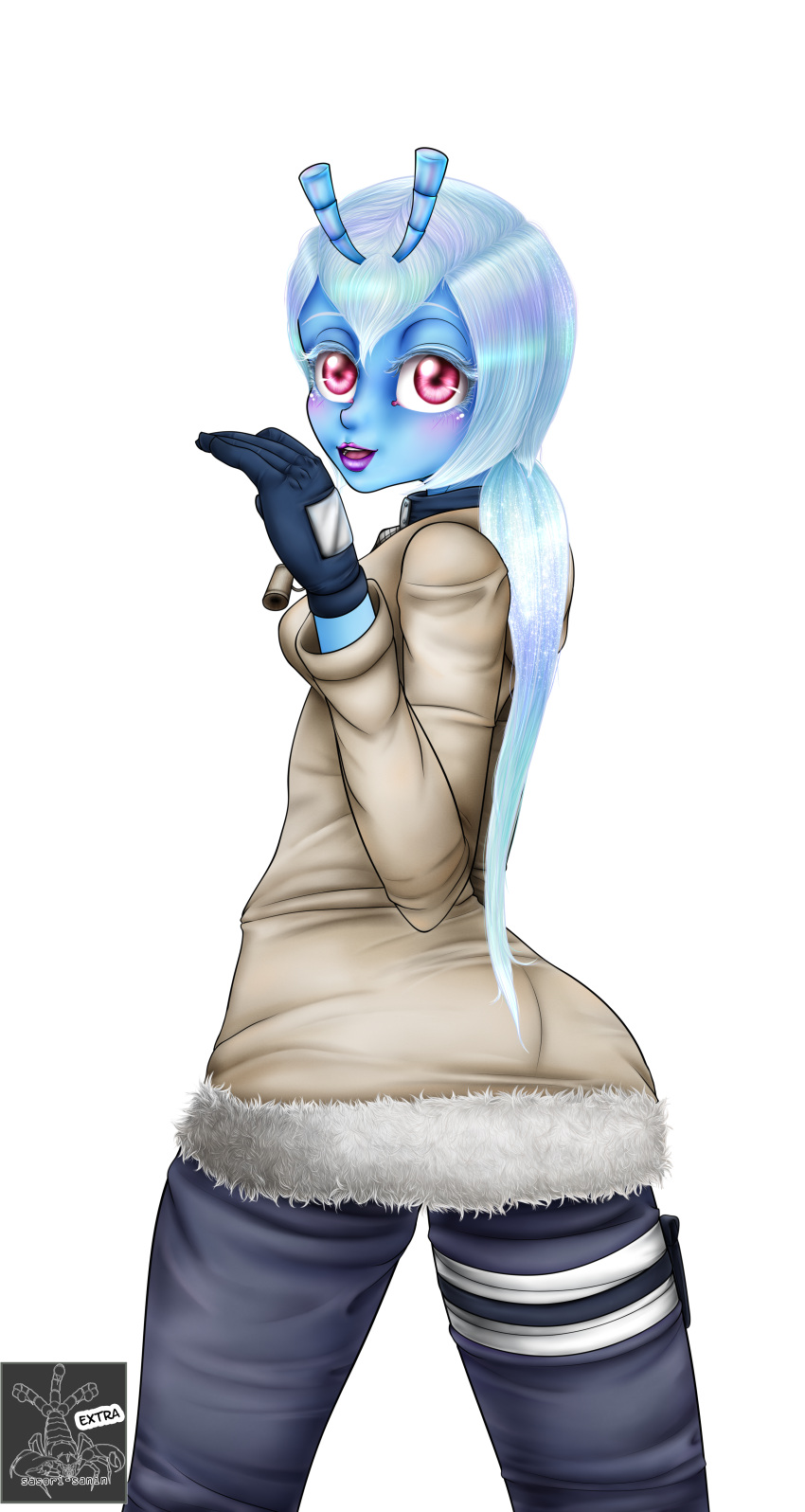 1girl absurdres arthropod_girl ass back beetle_girl blue_skin bug colored_skin cosplay crossover forehead_protector furry gloves highres jewel_the_beetle looking_back open_mouth ponytail sasori-sanin sonic_(series) sweater