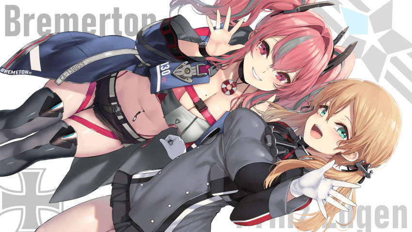 2girls aqua_eyes azur_lane bangs black_shorts blonde_hair blue_jacket breasts bremerton_(azur_lane) cleavage commission grey_hair hand_up jacket jewelry kantai_collection large_breasts long_hair long_sleeves looking_at_viewer mole mole_on_breast multicolored_hair multiple_girls navel_piercing open_mouth piercing pink_eyes pink_hair prinz_eugen_(kancolle) ring short_shorts shorts skeb_commission smile thighhighs thighs twintails wide_sleeves yappen