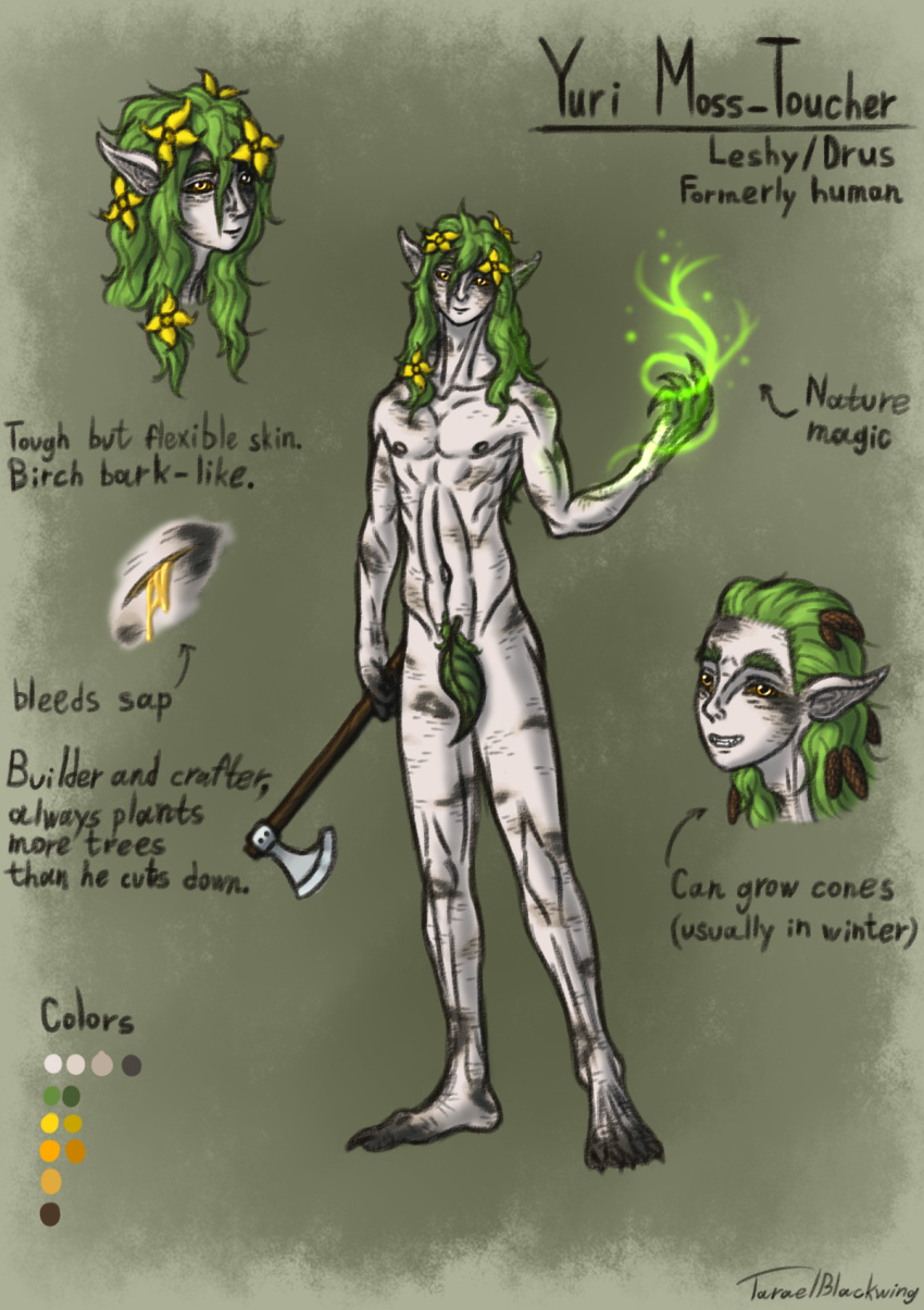 accessory axe dryad elemental_creature elemental_humanoid flora_fauna flower flower_in_hair green_hair hair hair_accessory hi_res holding_object humanoid humanoid_pointy_ears leaf leaf_clothing leshy long_hair looking_at_viewer magic male melee_weapon model_sheet mostly_nude navel nipples plant plant_humanoid smile solo spots spotted_body standing taraelblackwing text weapon white_body white_skin yellow_eyes yuri_moss-toucher_(taraelblackwing)