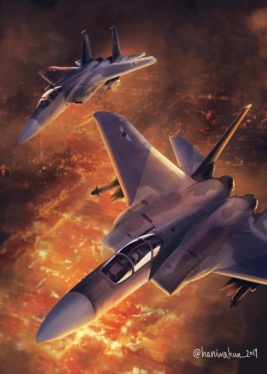 2boys absurdres ace_combat ace_combat_zero aim-9_sidewinder aircraft airplane artist_name burning canopy_(aircraft) cipher_(ace_combat) cockpit commentary emblem english_commentary f-15_eagle fighter_jet fire flying from_above haniwakun_2019 helmet highres jet larry_foulke male_focus military military_vehicle missile multiple_boys night outdoors pilot pilot_helmet smoke twitter_username vehicle_focus