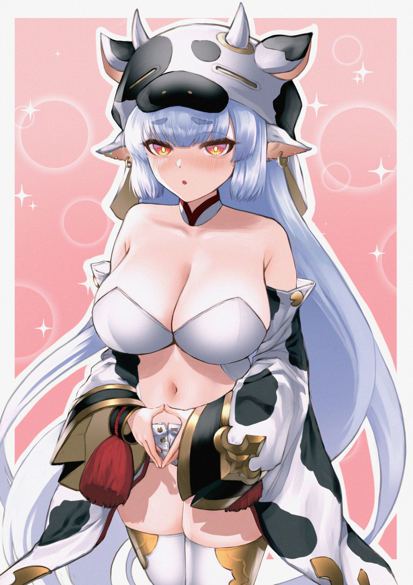 1girl absurdres animal_costume animal_ears animal_print border catura_(granblue_fantasy) cow_costume cow_ears cow_girl cow_hat cow_horns cow_print cow_tail draph eyebrows_visible_through_hair granblue_fantasy grey_border highres horns light_blue_hair long_hair micro_shorts navel orange_eyes own_hands_together pink_background shorts solo tail unbuttoned_shorts user_sjpm2447 white_shorts