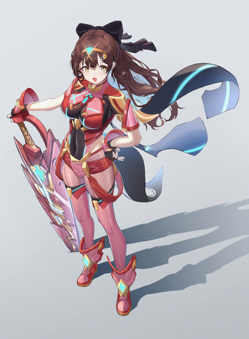 1girl absurdres aegis_sword_(xenoblade) bangs black_bow black_gloves bodysuit boots bow brown_hair cosplay covered_navel fingerless_gloves full_body gloves grey_background hair_bow hairband hand_on_hip highres looking_at_viewer nanami_(virtuareal) nijisanji open_mouth planted planted_sword pyra_(xenoblade) pyra_(xenoblade)_(cosplay) red_shorts shadow shorts simple_background solo standing sword thighhighs virtual_youtuber virtuareal weapon xenoblade_chronicles_(series) xenoblade_chronicles_2 xintianou yellow_eyes