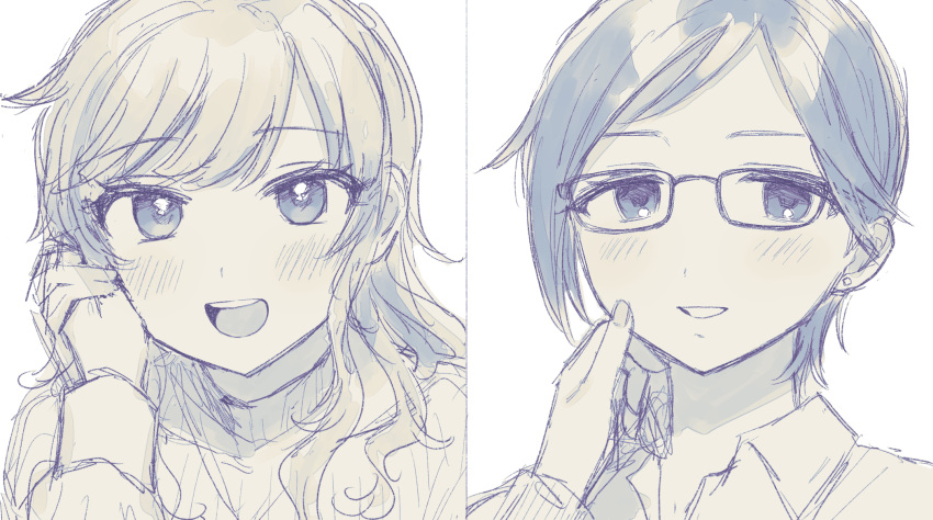 2girls :d aikawa_chinatsu bangs blush chiyoko_(tykchiyo) eyebrows_visible_through_hair glasses grin highres idolmaster idolmaster_cinderella_girls long_hair looking_at_viewer multiple_girls ohtsuki_yui open_mouth portrait sketch smile split_theme sweater teeth upper_teeth