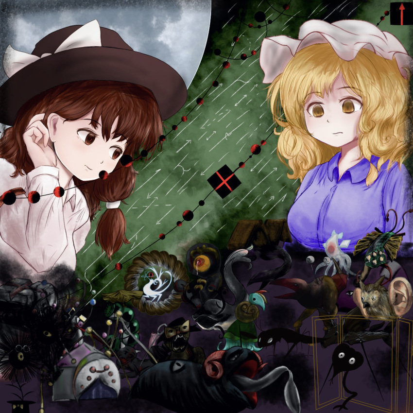 2girls blonde_hair brown_eyes brown_hair character_request gap_(touhou) hair_behind_ear hat highres long_hair looking_to_the_side maribel_hearn moon morizou_shi multiple_girls rope shimenawa simple_background touhou usami_renko yellow_eyes youkai