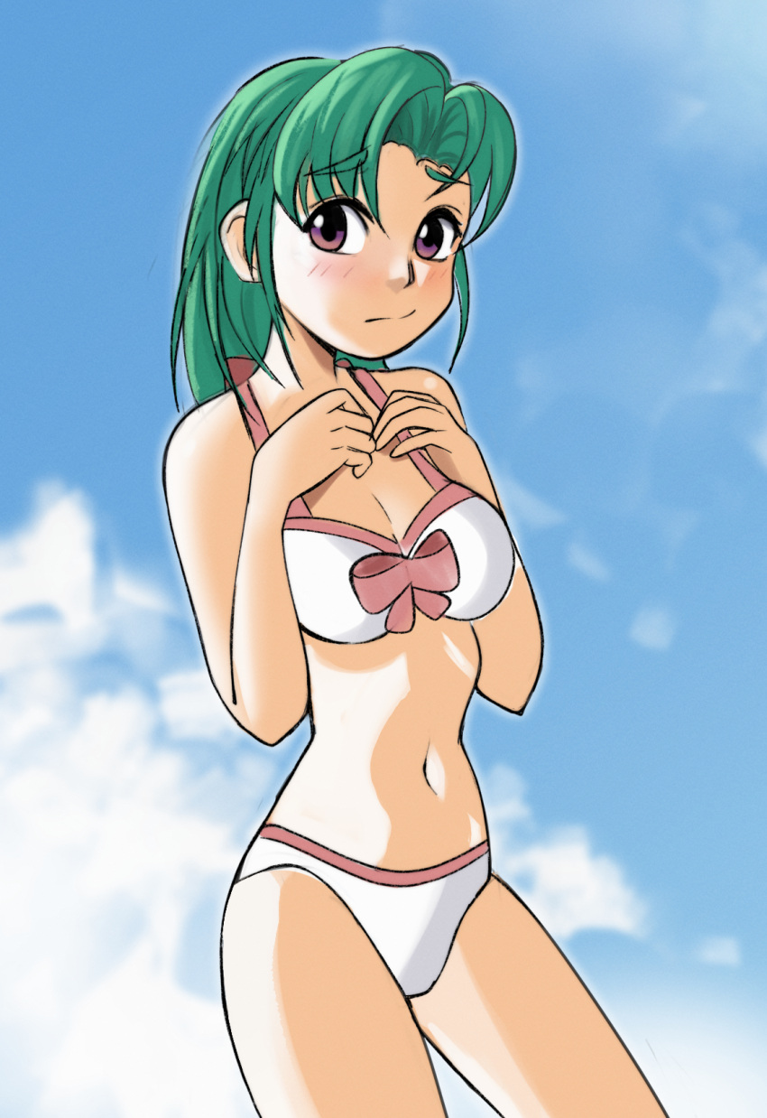 1girl bikini blush breasts brown_eyes day drawfag eyebrows_visible_through_hair green_hair hatsuseno_alpha highres looking_at_viewer medium_breasts medium_hair navel outdoors smile solo standing swimsuit white_bikini yokohama_kaidashi_kikou