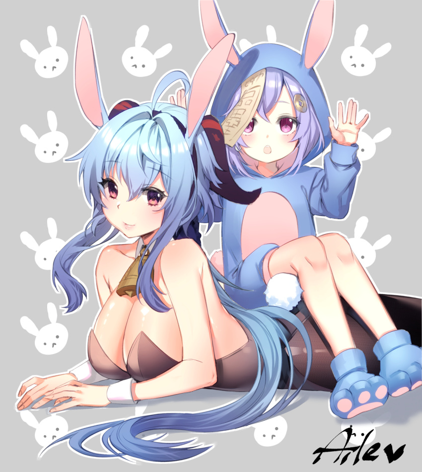 2girls ahoge aile_(crossroads) animal_background animal_costume animal_ears animal_hood bangs bell black_legwear black_leotard blue_footwear blue_hair breasts bunny_costume bunny_hood cleavage closed_mouth commentary_request eyebrows_visible_through_hair fake_animal_ears ganyu_(genshin_impact) genshin_impact grey_background hair_between_eyes hair_ornament hands_up highres hood hood_up horns kemonomimi_mode leotard long_hair long_sleeves lying medium_breasts multiple_girls ofuda on_stomach pantyhose paw_shoes puffy_long_sleeves puffy_sleeves purple_eyes purple_hair qiqi_(genshin_impact) rabbit_ears rabbit_girl rabbit_tail red_eyes sitting sitting_on_person smile strapless strapless_leotard tail very_long_hair wrist_cuffs