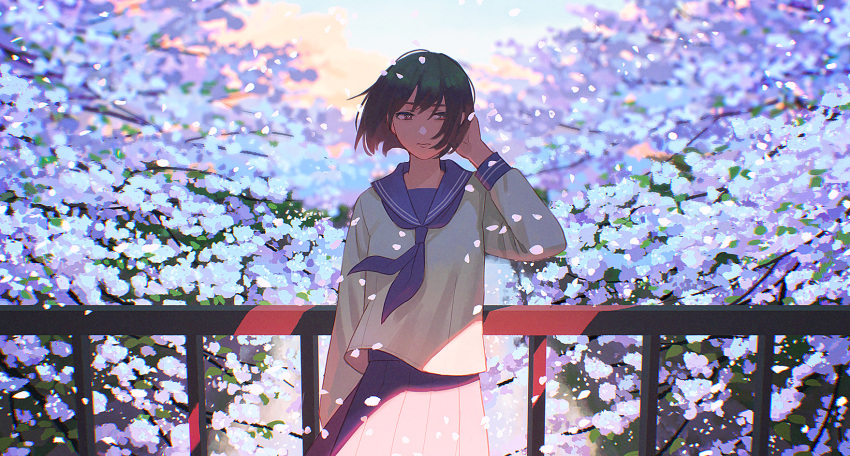 1girl black_hair blue_neckerchief blue_sailor_collar blue_skirt flower hand_in_own_hair highres hiko_(scape) long_sleeves looking_at_viewer neckerchief original pleated_skirt purple_flower sailor_collar school_uniform serafuku short_hair skirt solo sunlight uniform white_serafuku wind