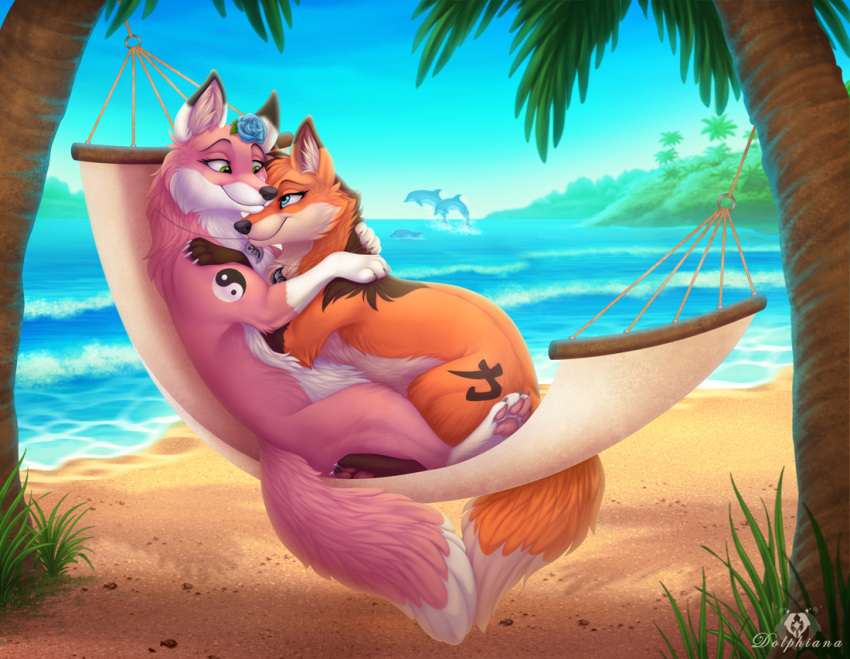 accessory beach canid canine cetacean delphinoid dolphydolphiana duo embrace female female/female feral flower flower_in_hair fox fur hair hair_accessory hug mammal marine orange_body orange_fur pink_body pink_fur plant seaside toothed_whale yin_yang