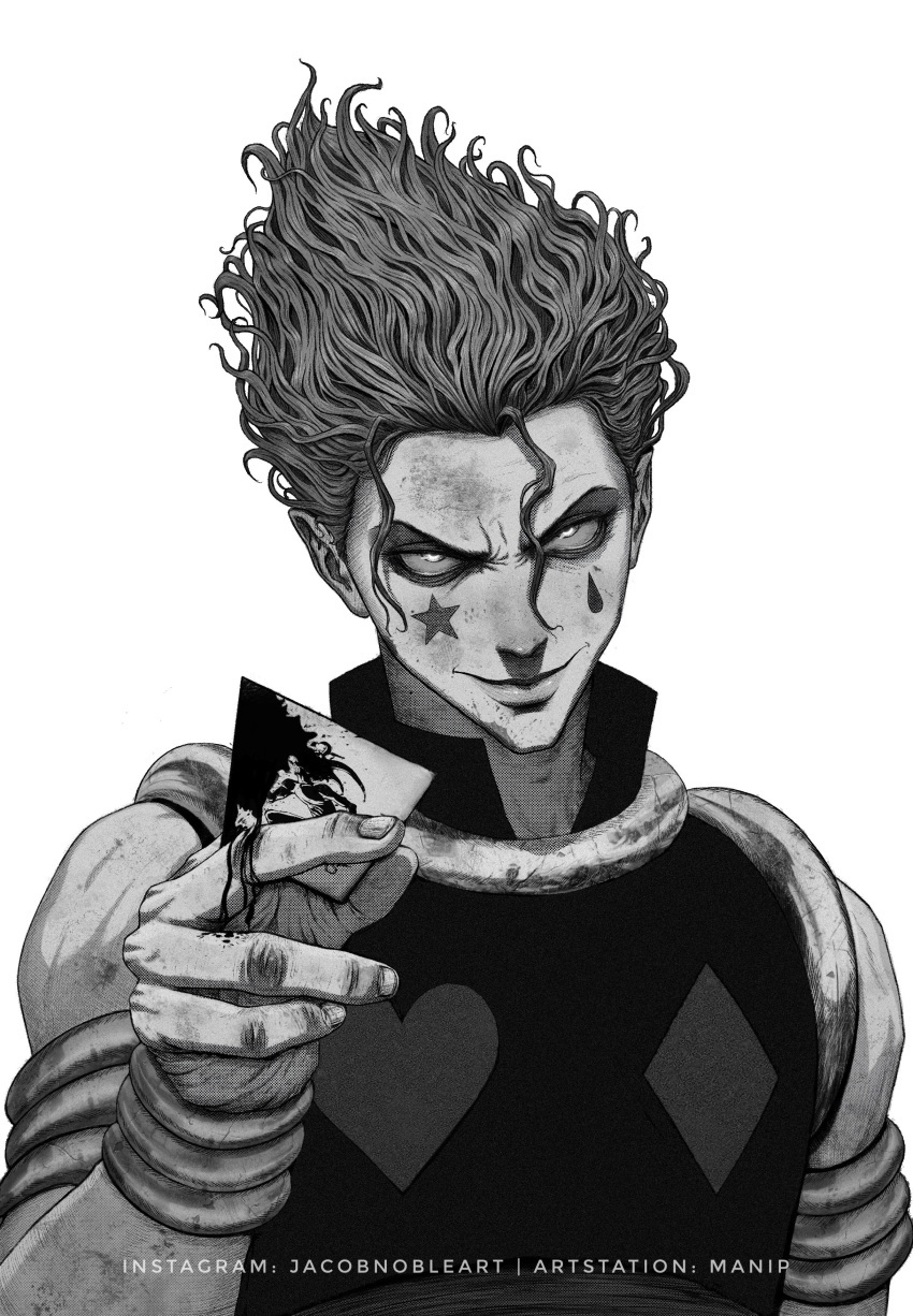 1boy absurdres blood blood_on_face curly_hair dirty dirty_face evil_smile frown glowing glowing_eyes greyscale hair_strand highres hisoka_morow holding hunter_x_hunter looking_at_viewer male_focus manip monochrome poker smile solo upper_body watermark web_address white_background