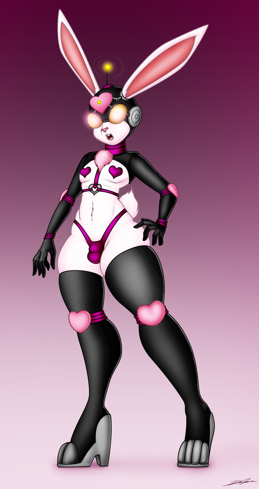 &lt;3 absurd_res anthro boots bulge clothing evil-rick eyewear footwear gimp_suit girly goggles gradient_background hi_res high_heeled_boots high_heels lagomorph legwear leporid male mammal mind_control open_mouth pasties rabbit simple_background solo thigh_highs thong underwear