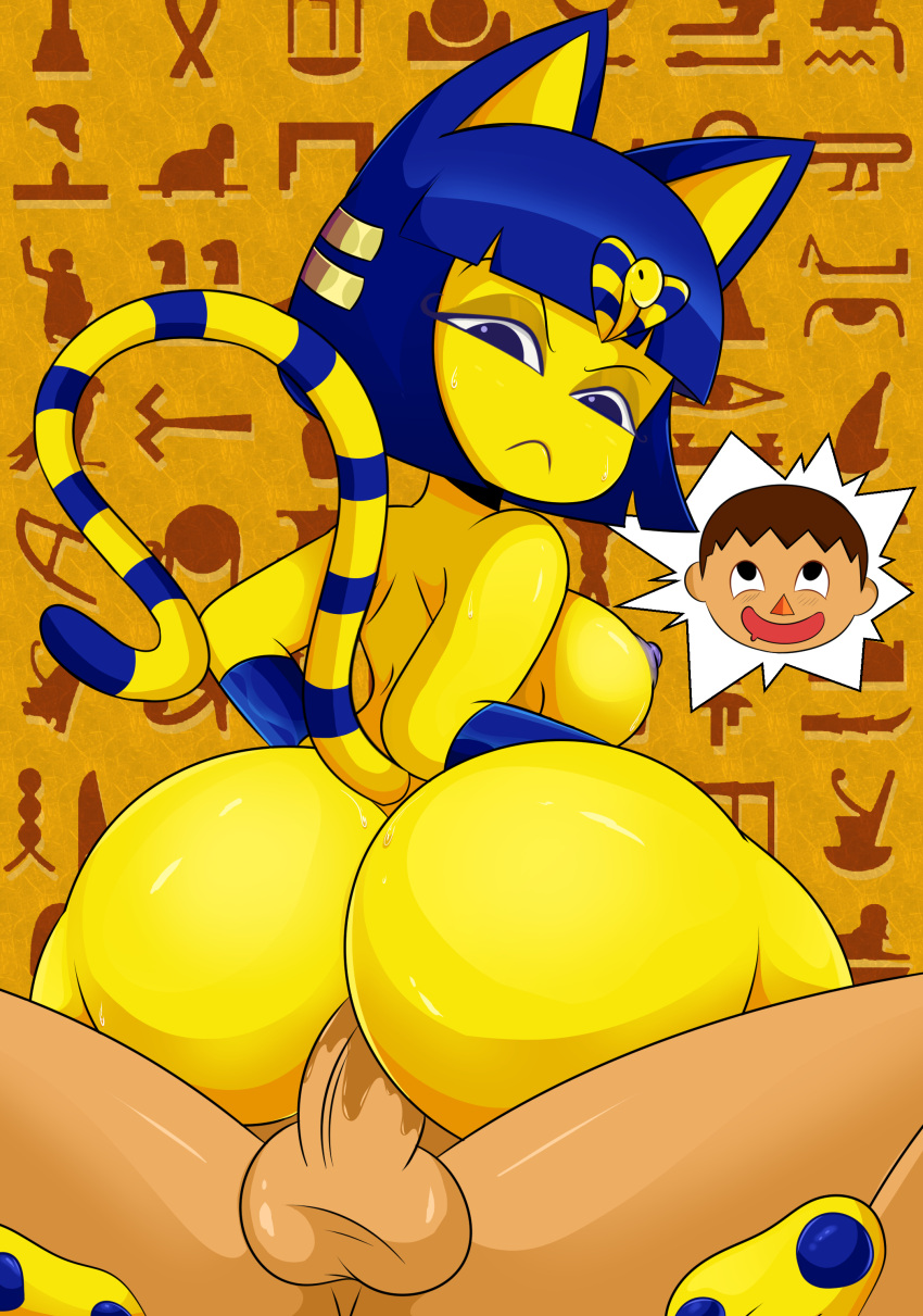 absurd_res animal_crossing ankha_(animal_crossing) anthro areola balls bangs big_breasts big_butt blue_eyes blue_nipples blue_pawpads bodily_fluids breasts bubble_butt butt cowgirl_position curvy_figure domestic_cat duo egyptian erection felid feline felis female from_front_position genital_fluids genitals hi_res hieroglyphics human kneeling looking_back looking_down looking_pleasured male male/female mammal nintendo nipples nude on_bottom on_top pawpads penetration penis pussy_juice pussy_juice_on_penis rear_view riding sex sonson-sensei spread_legs spreading thick_thighs vaginal vaginal_penetration video_games villager_(animal_crossing) wide_hips