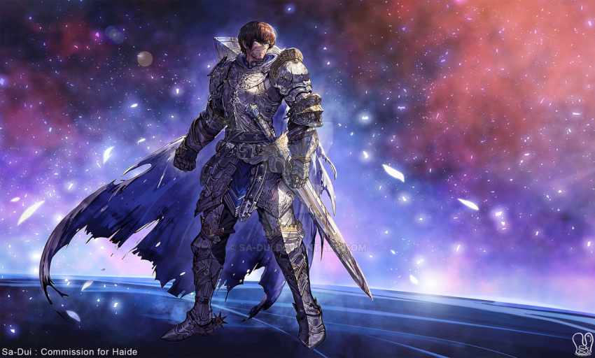 1boy adventurer_(ff14) armor blood blood_on_weapon broken_armor brown_hair cape commission cuts final_fantasy final_fantasy_xiv full_body injury looking_to_the_side paladin_(final_fantasy) sa-dui scar scar_on_face serious shield solo spurs standing sword torn_cape torn_clothes weapon
