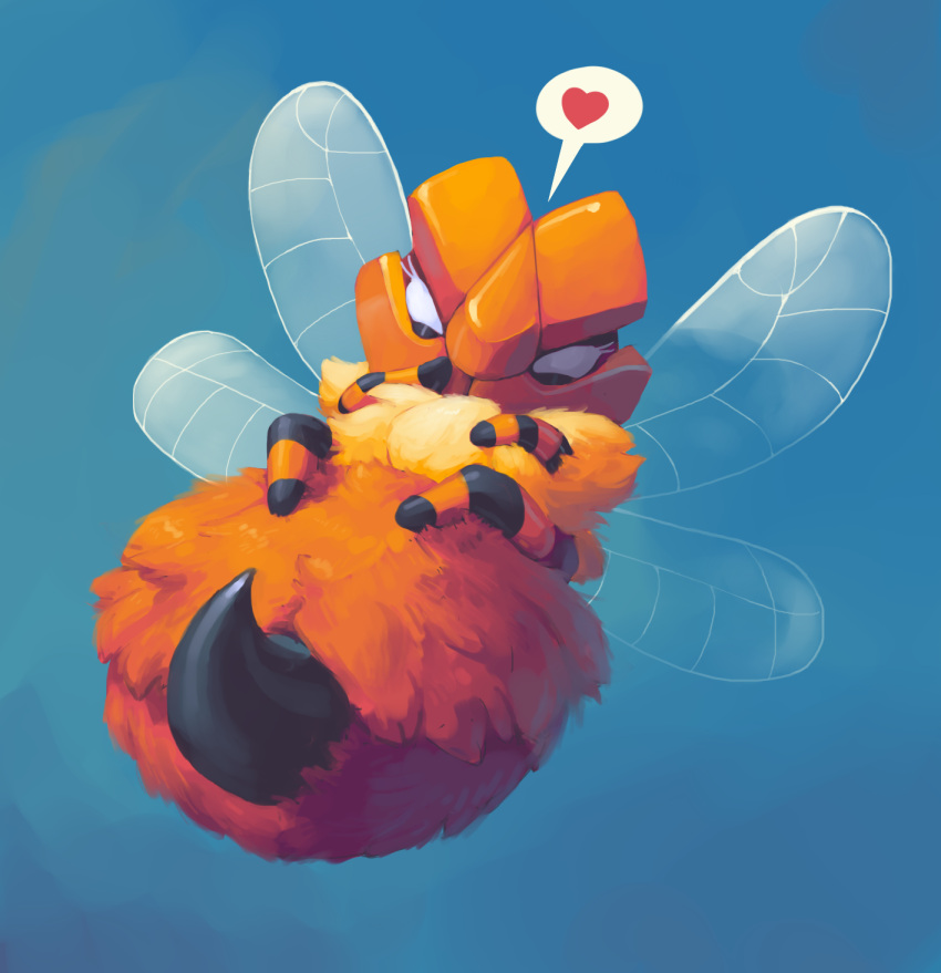 &lt;3 arthropod arthropod_abdomen blue_background coromon coromon_(series) eyelashes female feral fur hi_res humbee insect looking_at_viewer orange_body orange_fur outta_sync simple_background speech_bubble stinger tan_body tan_fur video_games white_eyes wings