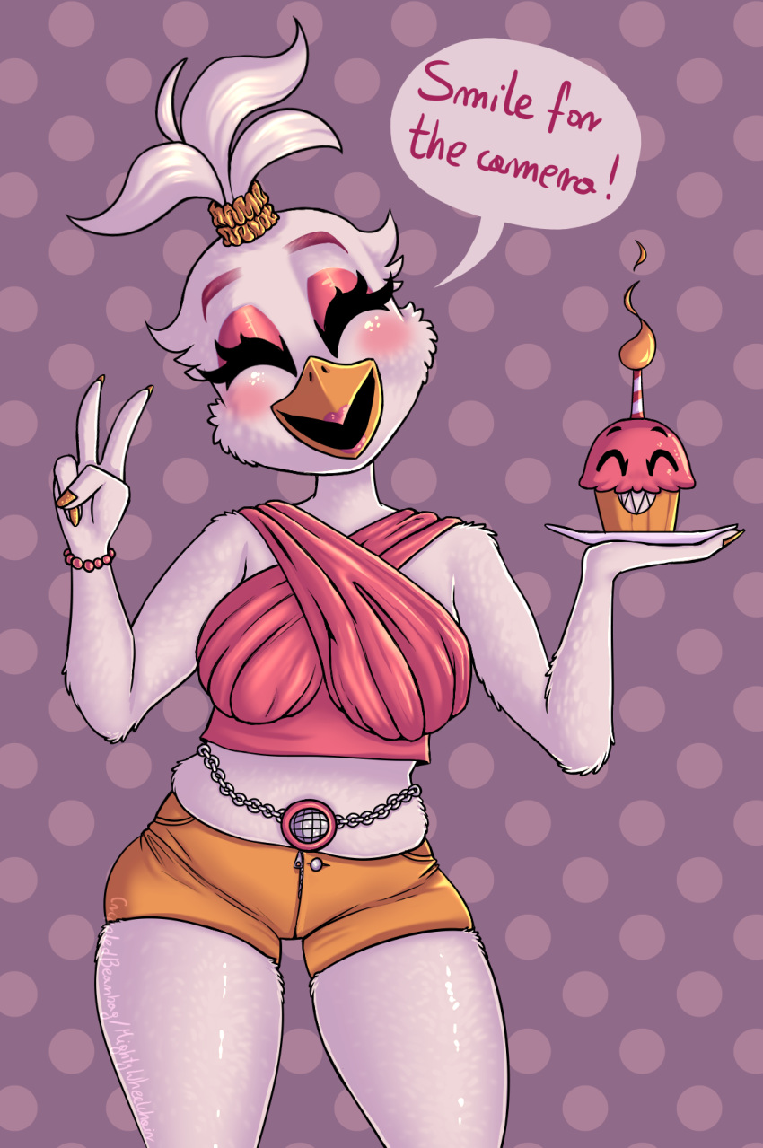 anthro avian beak big_breasts bird bottomwear bracelet breasts chicken clothing colored_nails crop_top eyeshadow feathers female funtime_chica_(fnaf) funtime_cupcake_(fnaf) galliform gallus_(genus) gesture hi_res hotpants jewelry long_nails makeup mightywheelchair muffin_top nails orange_bottomwear orange_clothing orange_shorts phasianid pink_clothing pink_shirt pink_topwear pose scrunchie shirt shorts slightly_chubby solo thick_thighs thigh_up tight_bottomwear tight_clothing tight_fit topwear v_sign