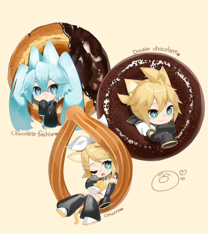 1boy 2girls ahoge animal_ears bare_shoulders black_sailor_collar black_sleeves blonde_hair blue_eyes blue_hair bow butterfly-shaped_pupils cat_boy cat_ears cat_girl cat_tail chibi chocolate chocolate_doughnut churro commentary detached_sleeves doughnut eating food fox_ears fox_girl hair_bow hair_ornament hairclip hatsune_miku heart highres kagamine_len kagamine_rin kemonomimi_mode long_hair mister_donut multiple_girls one_eye_closed pink_background reirou_(chokoonnpu) sailor_collar shirt short_hair short_ponytail simple_background sleeves_past_fingers sleeves_past_wrists symbol-shaped_pupils tail twintails vocaloid white_shirt