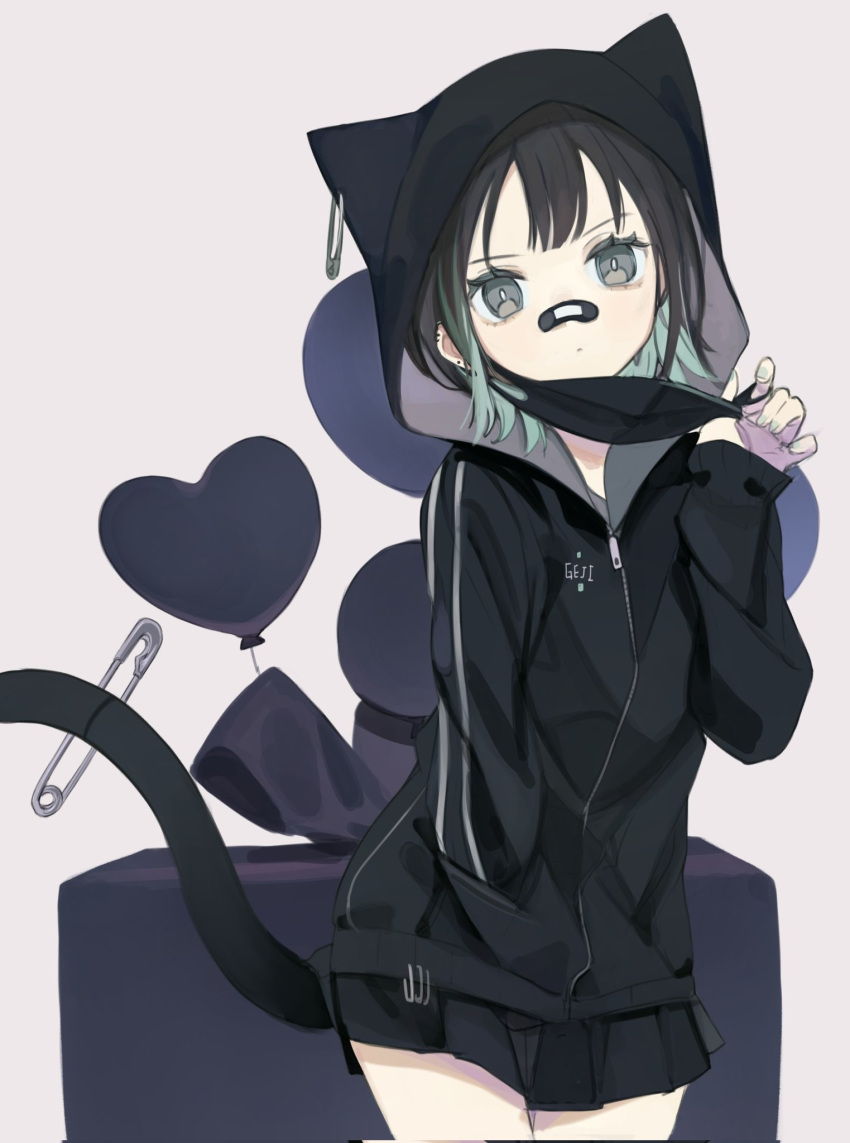 1girl animal_hood aqua_nails balloon bandaid bandaid_on_face bandaid_on_nose bangs beige_background black_eyes black_hair black_jacket black_mask black_skirt boukou-chan_(tokiwata_soul) cat_day cat_hood cat_tail closed_mouth colored_inner_hair commentary cowboy_shot ear_piercing eyelashes green_hair hand_in_pocket hand_up heart_balloon highres hood hood_up hooded_jacket jacket looking_at_viewer mask mouth_mask multicolored_hair original piercing pleated_skirt safety_pin short_hair simple_background skirt sleeves_past_wrists solo standing tail tokiwata_soul zipper