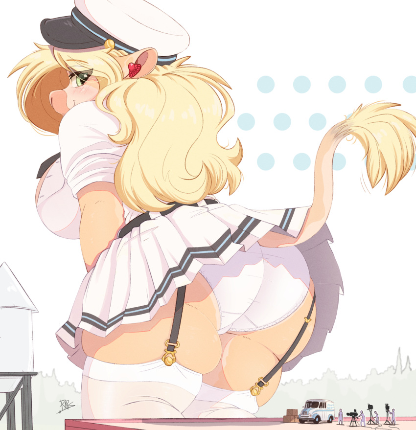 anthro big_butt blonde_hair bottomwear bovid bovine breasts butt cattle clothing female garter_straps hair hat headgear headwear hi_res larger_female macro mammal ncmares panties size_difference skirt underwear