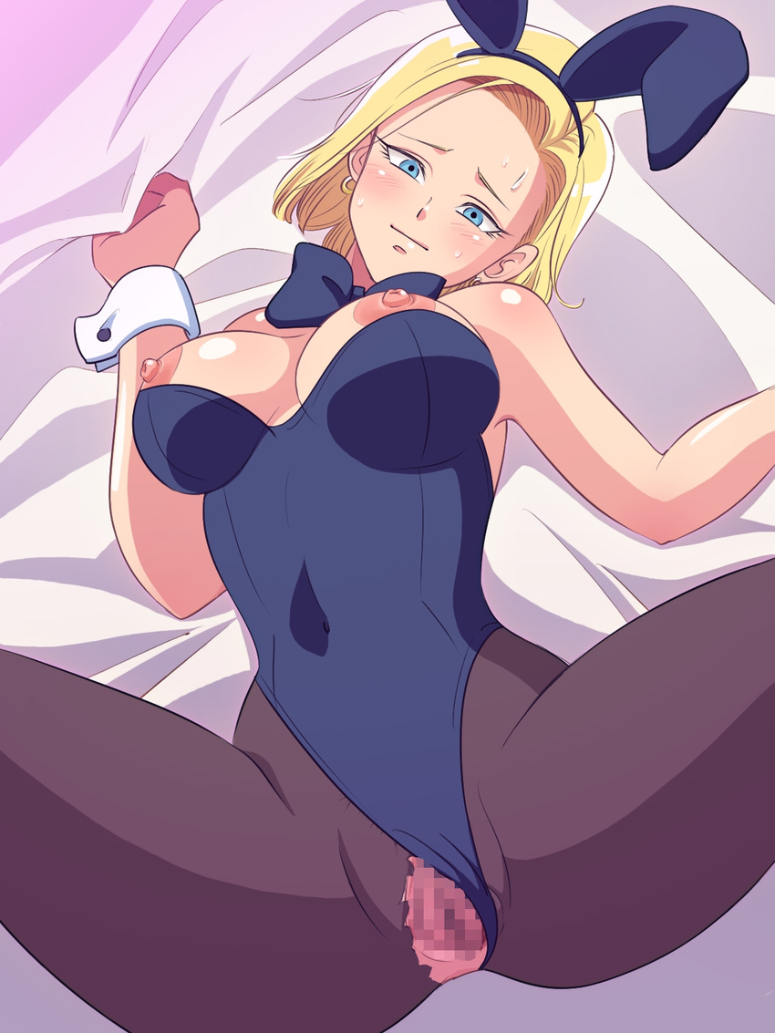 1girl android_18 animal_ears bed bed_sheet blonde_hair blue_eyes blush breasts bunny_ears bunny_girl bunnysuit censored dragon_ball dragonball dragonball_z e_rondon_boots earrings erodon_hearts erondon female highres jewelry large_breasts lying nipples pantyhose pussy sheet_grab short_hair smile solo spread_legs torn_clothes torn_pantyhose
