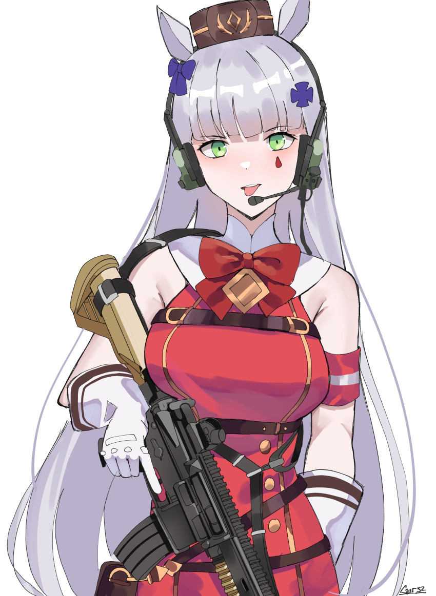 1girl absurdres animal_ears armband artist_name assault_rifle bangs bow bowtie buttons coat cosplay double-breasted english_commentary facial_tattoo fake_animal_ears gar32 girls'_frontline gloves gold_ship_(umamusume) gold_ship_(umamusume)_(cosplay) green_eyes grey_hair gun h&amp;k_hk416 headset highres hk416_(girls'_frontline) holding holding_gun holding_weapon horse_ears long_hair looking_at_viewer open_mouth red_bow red_bowtie red_coat rifle simple_background sleeveless_coat solo tattoo teardrop_tattoo tongue tongue_out umamusume upper_body weapon white_background white_gloves