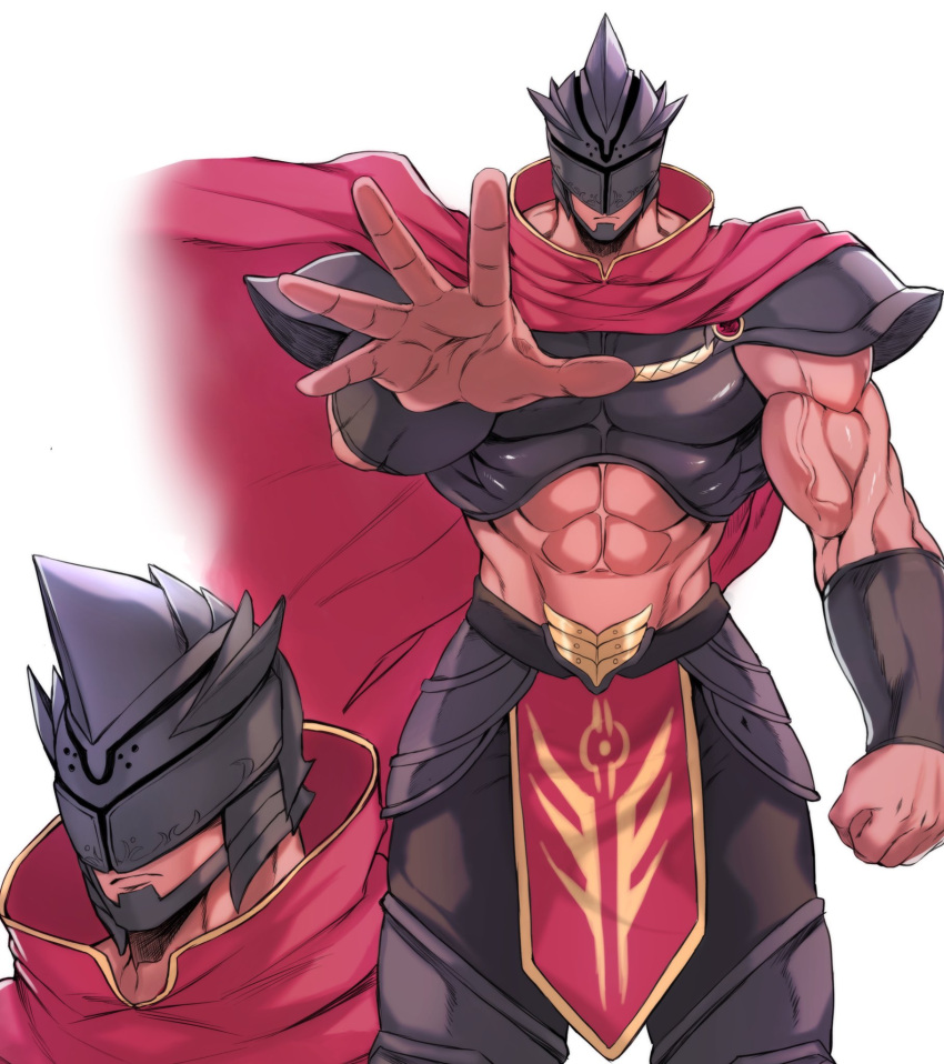 1boy abs armor bara belt cape chan_kuro_(azsdi4e) chest_plate clenched_hand covered_eyes gauntlets helmet highres leg_armor loincloth looking_at_viewer male_focus manly muscular muscular_male navel original pants pectorals shoulder_armor shoulder_pads skirt solo thick_arms veins veiny_arms warrior