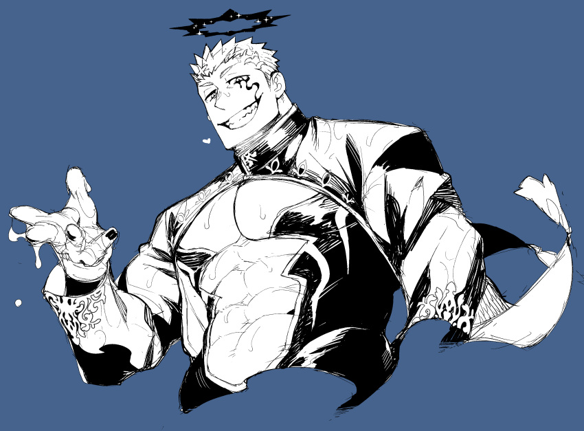 1boy abs_cutout absurdres angel bara black_clothes black_nails blue_background cleavage_cutout clothing_cutout commentary_request halo heart highres israfil_(housamo) large_pectorals looking_at_viewer male_focus monochrome muscular muscular_male naop_(anything) pectorals short_hair shrug_(clothing) smile solo teeth tokyo_afterschool_summoners upper_body