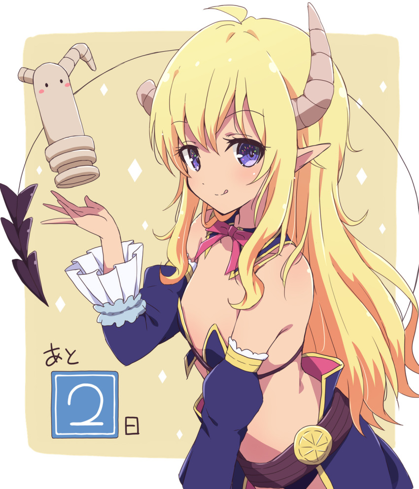 1girl :q bangs blonde_hair closed_mouth demon_girl demon_horns demon_tail detached_sleeves eyebrows_visible_through_hair flat_chest highres horns lilith_(machikado_mazoku) long_hair looking_at_viewer machikado_mazoku mel_(melty_pot) pointy_ears purple_eyes smile solo tail tongue tongue_out