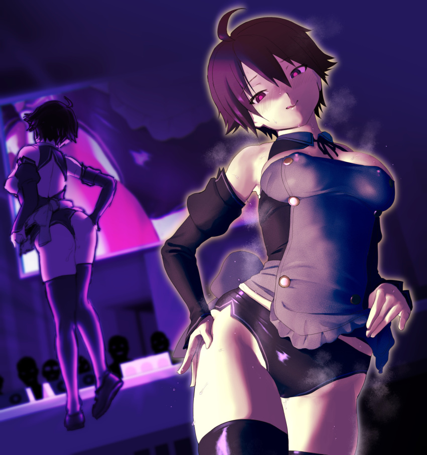 1girl 2equal8 antenna_hair apron apron_lift bangs bare_back black_legwear black_shorts black_sleeves blush brown_eyes brown_hair covered_nipples crowd detached_sleeves dream_c_club dream_c_club_(series) dripping flying_sweatdrops hair_between_eyes hand_on_hip heel_up highres licking_lips lifted_by_self midriff_peek multiple_views nao_(dream_c_club) narrowed_eyes nose_blush pink_pupils shoes short_hair short_shorts shorts stage sweat sweating_profusely thighhighs tomboy tongue tongue_out zettai_ryouiki