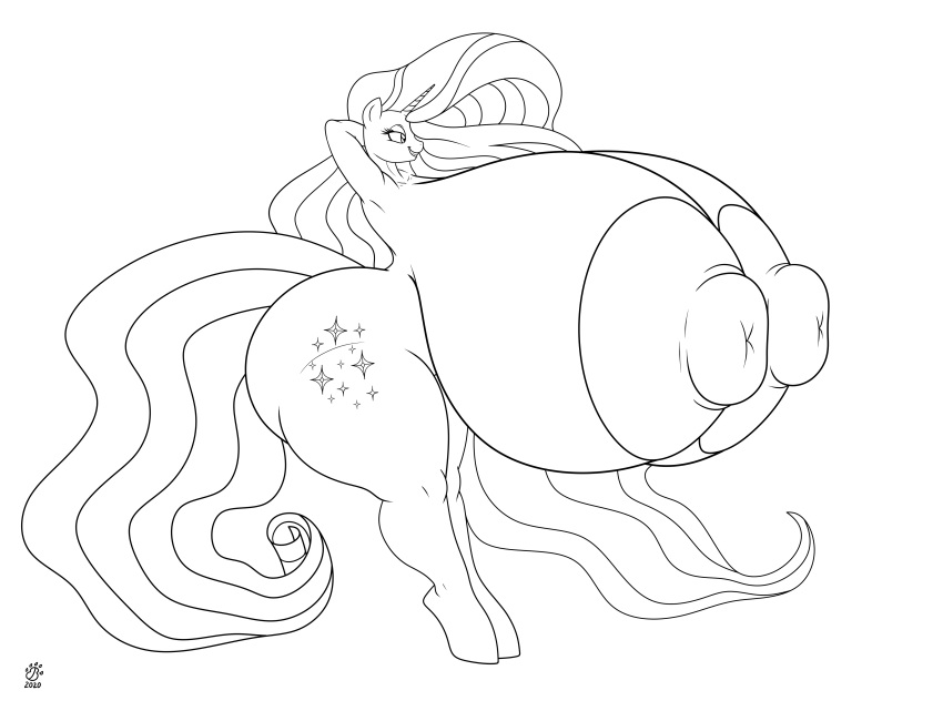 absurd_res anthro badgerben big_breasts big_nipples breasts cutie_mark equid equine female hair half-closed_eyes hands_behind_head hasbro hi_res horn huge_breasts hyper hyper_breasts hyper_nipples idw_publishing long_hair long_tail mammal monochrome my_little_pony my_little_pony_(idw) narrowed_eyes nightmare_rarity_(idw) nipples pose signature smile solo standing thick_thighs unicorn wide_hips