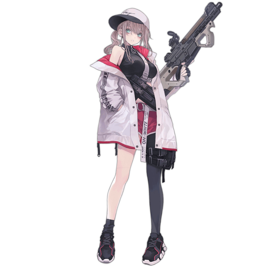 1girl ar-57 ar-57_(girls'_frontline) baseball_cap belt_pouch black_gloves breasts coat crop_top dolphin_shorts fingerless_gloves full_body girls'_frontline gloves gun hand_in_pocket hat highres holding holding_gun holding_weapon long_hair long_sleeves looking_at_viewer official_art open_clothes open_coat pouch shirt shoes short_shorts shorts side_ponytail sidelocks sleeveless sleeveless_shirt sneakers socks solo submachine_gun transparent_background trigger_discipline weapon white_coat