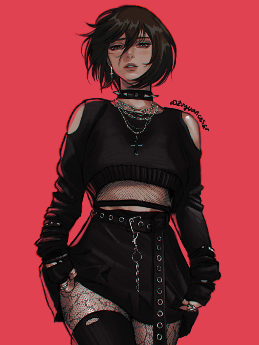 1girl absurdres artist_name bangs belt black_clothes black_collar black_hair black_skirt black_sweater clothing_cutout collar cowboy_shot crop_top cross cross_earrings cross_necklace earrings fingerless_gloves fishnet_legwear fishnets gloves gothic hair_between_eyes highres jewelry looking_at_viewer mikasa_ackerman miniskirt multiple_rings necklace parted_lips red_background ring scar scar_on_cheek scar_on_face shingeki_no_kyojin short_hair shoulder_cutout skirt spiked_collar spikes sweater thighhighs zu_yuan_cesar