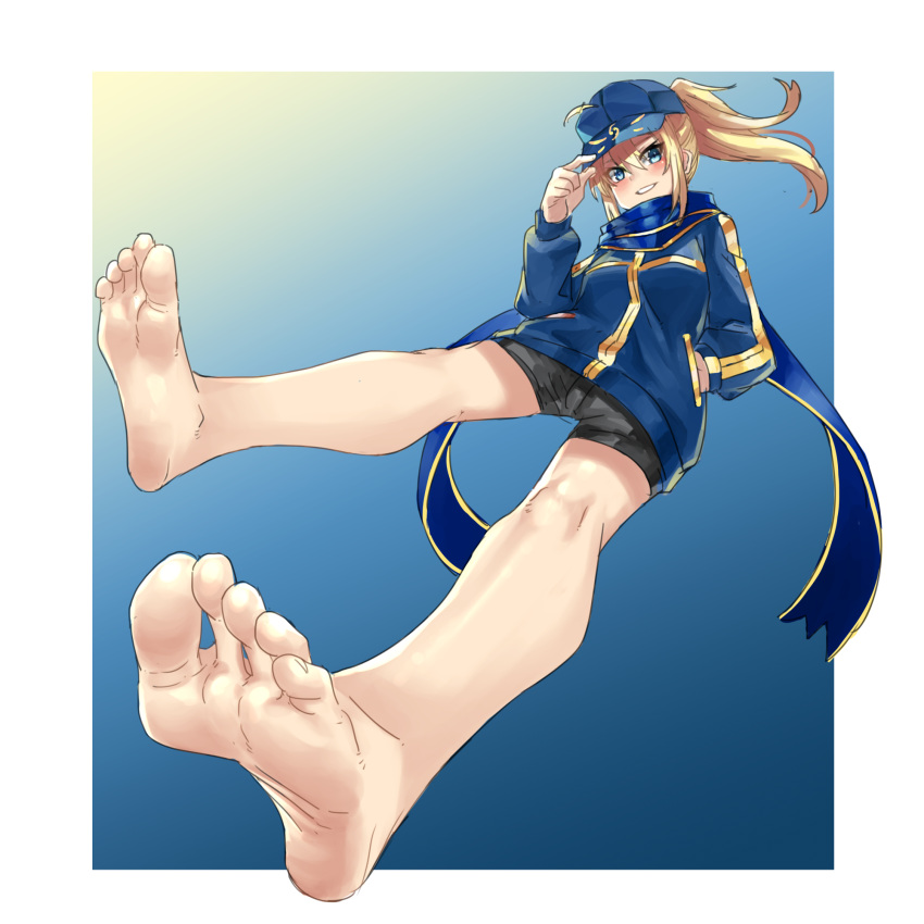 1girl ahoge artoria_pendragon_(fate) barefoot baseball_cap blonde_hair blue_eyes blue_scarf border eiji_(eiji) fate/grand_order fate_(series) feet foot_focus foreshortening hand_in_pocket hat highres long_hair looking_at_viewer mysterious_heroine_x_(fate) ponytail rojiura_satsuki:_chapter_heroine_sanctuary scarf shorts smile soles solo toes white_border