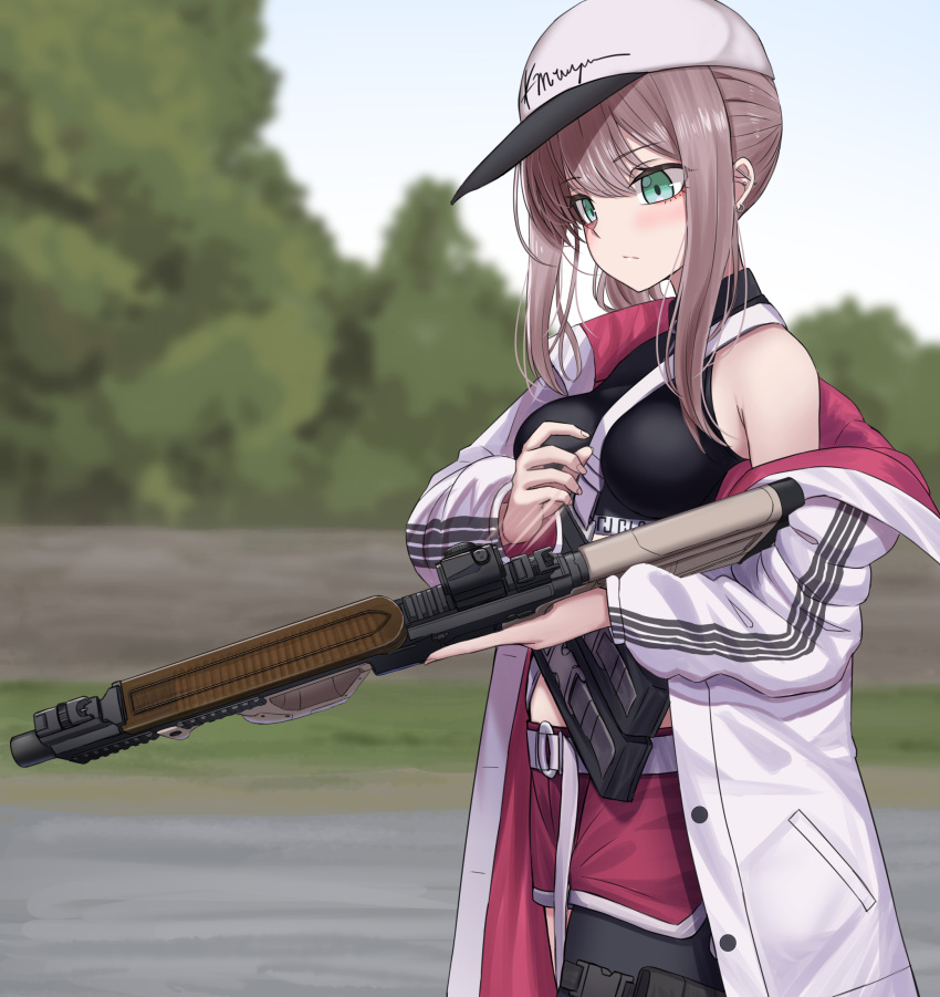 1girl aqua_eyes ar-57 ar-57_(girls'_frontline) assault_rifle bangs black_tank_top blush breasts closed_mouth commission crop_top eye_piercing eyebrows_visible_through_hair girls'_frontline gun highres holding holding_gun holding_weapon jacket jacket_over_shoulder jacket_removed long_hair looking_down medium_breasts open_clothes open_jacket pink_hair pink_shorts rifle scenery shorts sideboob skeb_commission solo standing tank_top weapon white_headwear white_jacket yakob_labo