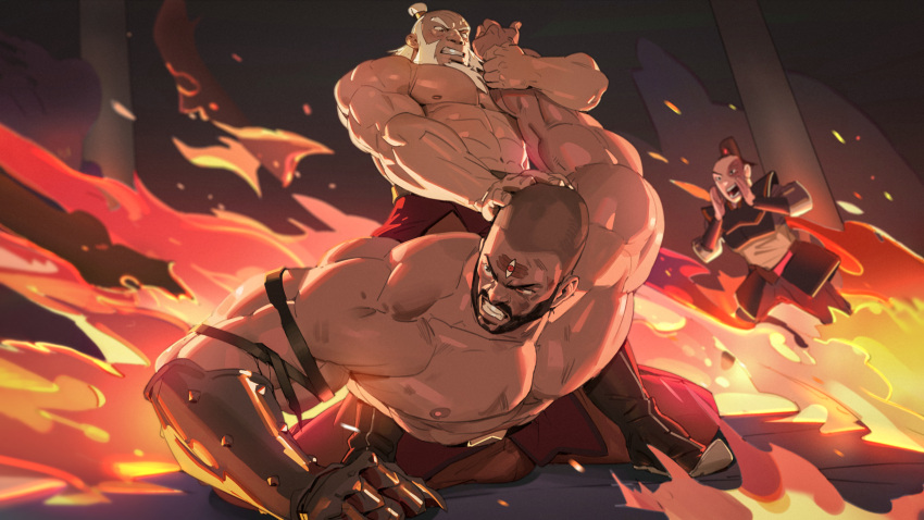 3boys abs avatar:_the_last_airbender avatar_(series) bara beard belt biceps black_eyes combustion_man_(avatar) facial_hair fighting fire highres iroh large_pectorals locked_arms long_hair male_focus manly mature_male military military_uniform multiple_boys muscular muscular_male nipples one_eye_closed pants pectorals ponytail prosthesis prosthetic_arm scar scar_on_face shaved_head skirt tangbingla tattoo thick_arms topless topless_male uniform wrestling zuko