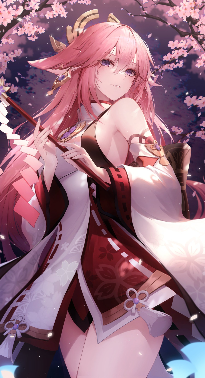 1girl absurdres bangs bare_shoulders breasts cherry_blossoms chyopeuteu closed_mouth cowboy_shot detached_sleeves eyebrows_visible_through_hair from_below genshin_impact hair_between_eyes hair_ornament hair_stick highres holding japanese_clothes jewelry kimono long_hair looking_at_viewer outdoors petals pink_hair pointy_ears purple_eyes solo standing tree very_long_hair wide_sleeves yae_miko