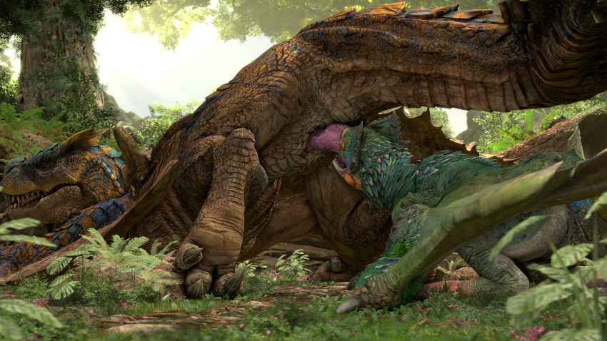 ambiguous_gender ass_up barlu bird_wyvern capcom claws cunnilingus duo female female/ambiguous feral feral_on_feral flying_wyvern genitals hi_res hindpaw long_tongue monster_hunter multicolored_body oral paws pseudowyvern pukei-pukei pussy sex sharp_claws sharp_teeth teeth thick_tongue tigrex tongue tongue_in_pussy vaginal video_games wings