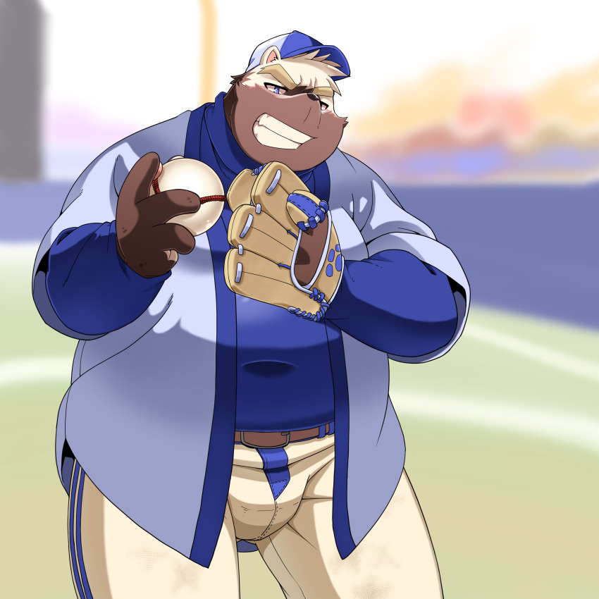 2022 absurd_res anthro ball baseball_(ball) baseball_(sport) baseball_cap baseball_field baseball_glove baseball_uniform belly big_belly black_nose bottomwear brown_body clothing dokyudokyu1 hat headgear headwear hi_res humanoid_hands kemono male mammal outside overweight overweight_male pants shirt solo sport sportswear topwear uniform ursid