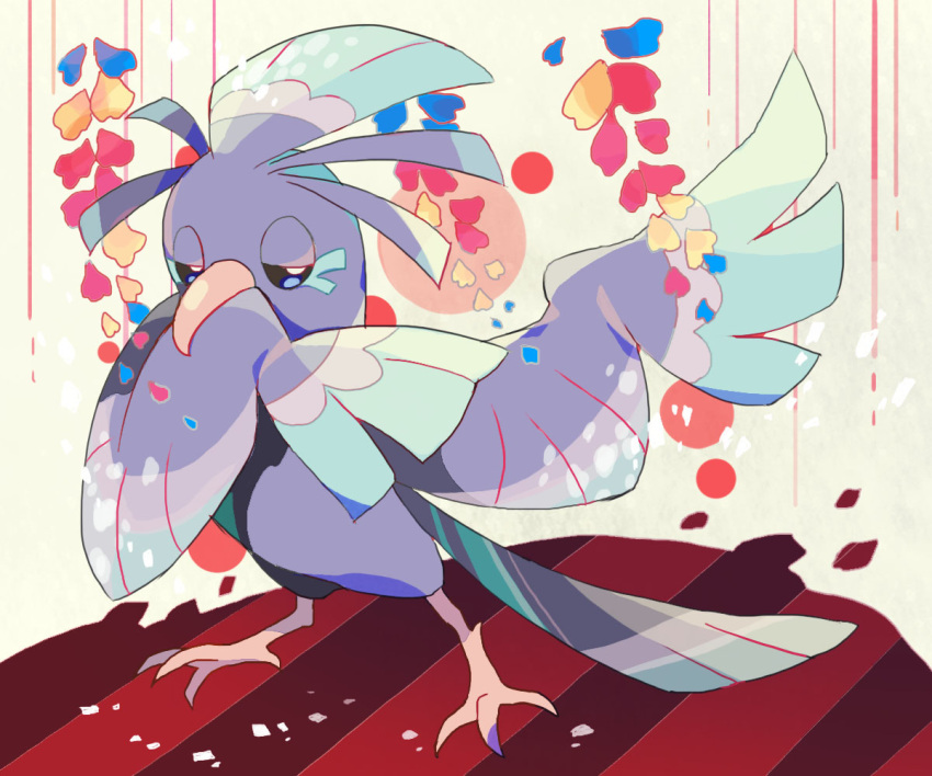 akadako animal_focus arm_up bird blue_flower blue_sclera colored_sclera commentary_request dated_commentary feathered_wings flower full_body half-closed_eyes hand_up looking_at_viewer no_humans one-hour_drawing_challenge oricorio oricorio_(sensu) partial_commentary pokemon pokemon_(creature) red_flower solo standing white_eyes wings yellow_background yellow_flower