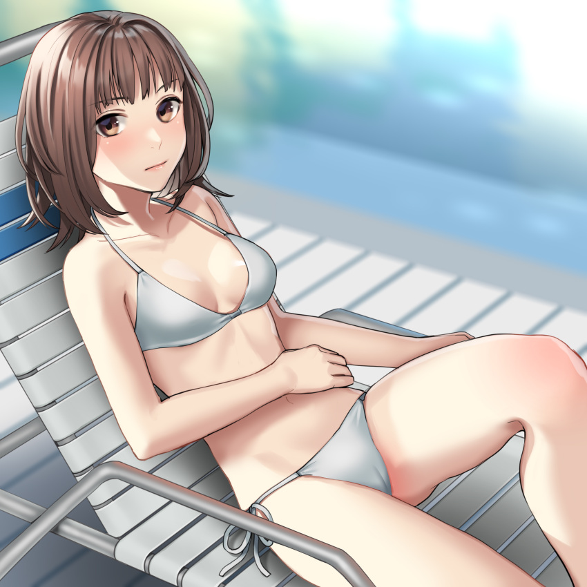 1girl absurdres beach_chair bikini blush breasts brown_hair cameltoe groin hand_on_own_stomach highres i"s looking_at_viewer medium_hair navel reclining side-tie_bikini siosiosolty small_breasts solo strap_gap swimsuit thighs yoshizuki_iori